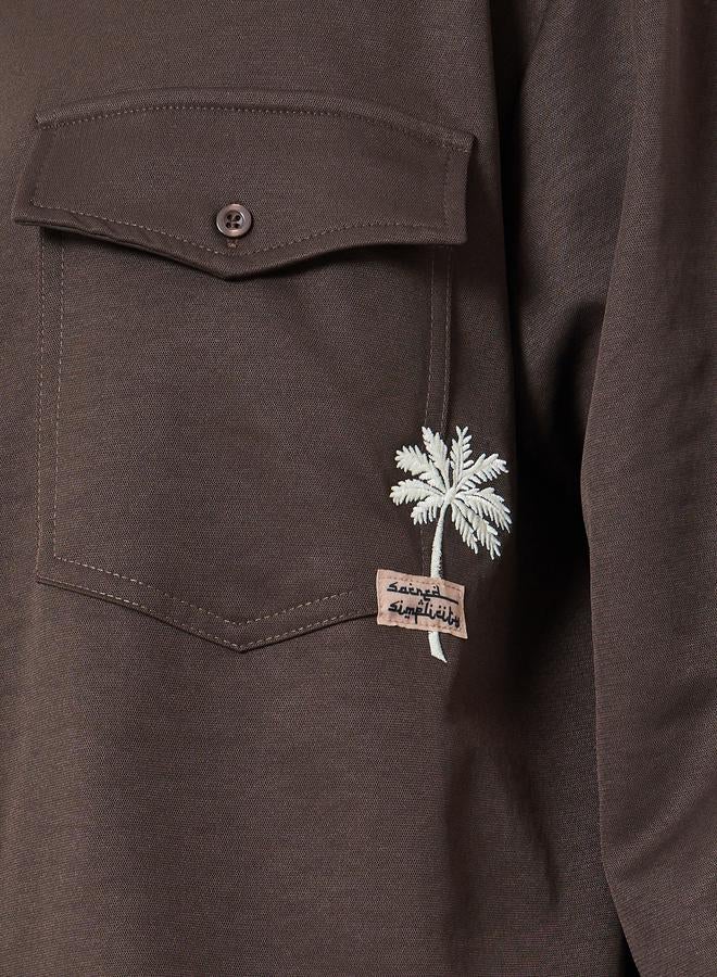 Styli Men Brown Embroidered Oversized Shirt - Image 4